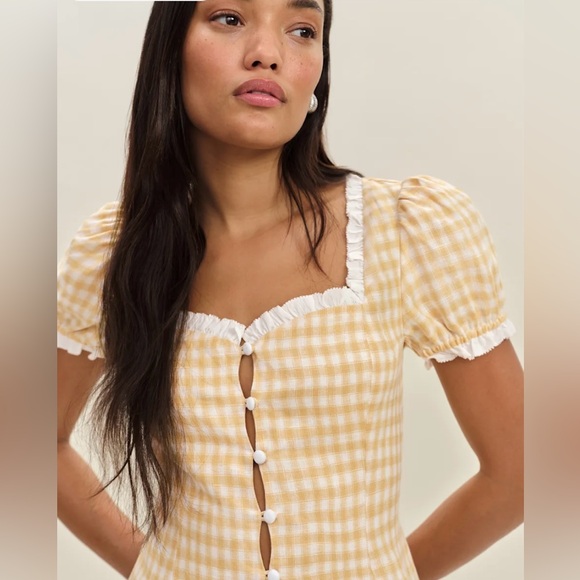 NWT Reformation Rosemary linen top in sunshine check , gingham - Picture 1 of 4